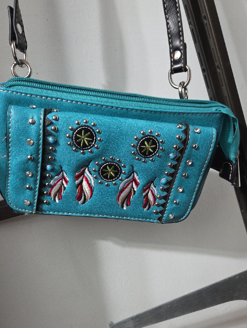 Turquoise Embroidered Studded Crossbody Bag